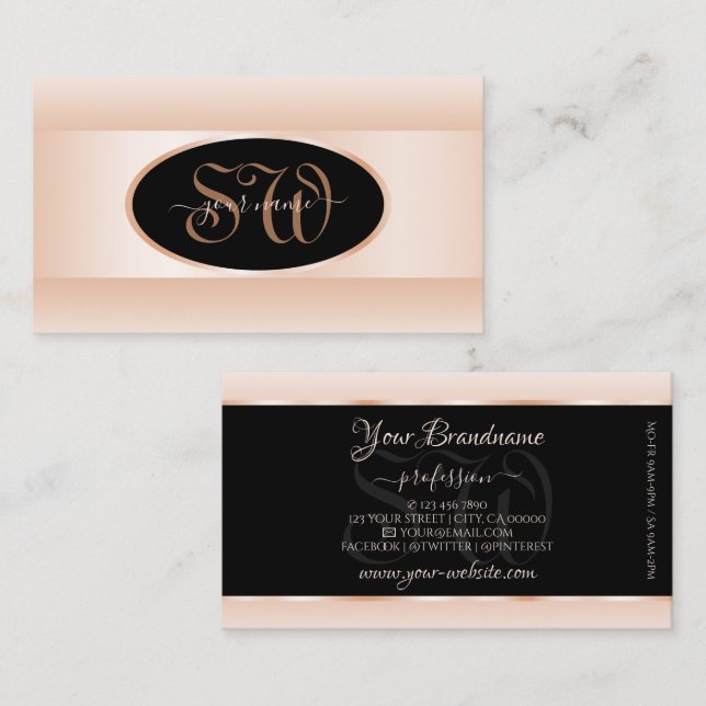 Carte De Visite Noir moderne Pastel rose Ombre Oval Initiales de c (Devant / Derrière)