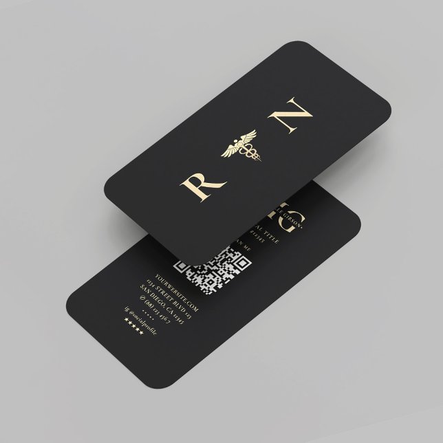 Carte De Visite Noir moderne RN Monogramme Caduceus Médicale (Modern Black Gold RN Monogram Caduceus Medical Business Card
)