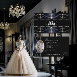 Carte De Visite Noir Noble Bleu Ornate Bordures Diamants Logo Phot