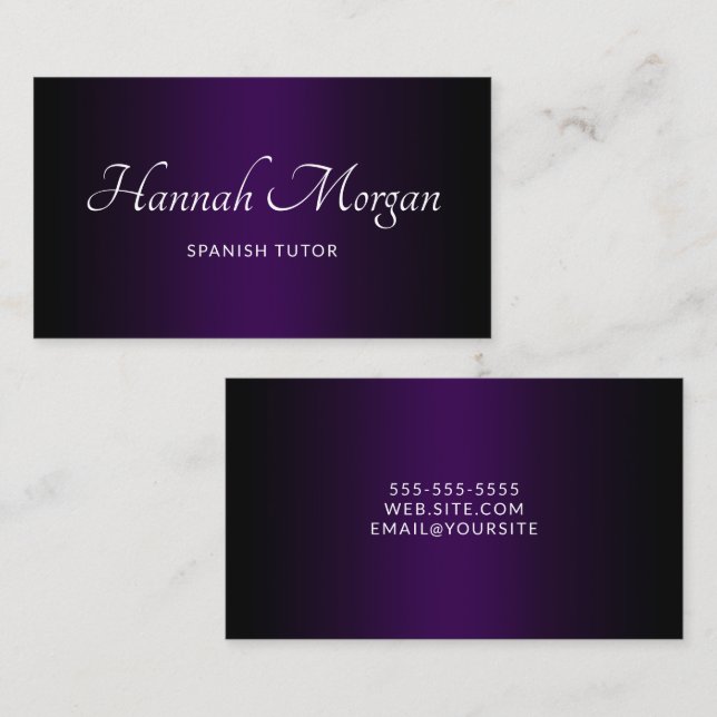 Carte De Visite Noir Ombre Violet Foncé Élégant Script (Devant / Derrière)