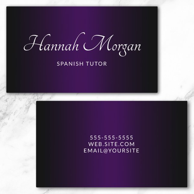 Carte De Visite Noir Ombre Violet Foncé Élégant Script (Black Dark Purple Ombre Elegant Script Business Card)