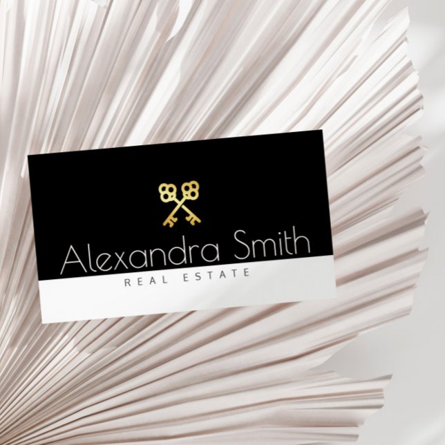 Carte De Visite noir or blanc clés rétro immobilier (Créateur téléchargé)