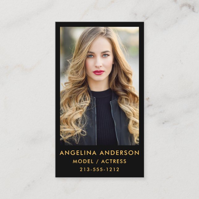 Carte De Visite Noir professionnel d'or de photo modèle d'acteur (Devant)