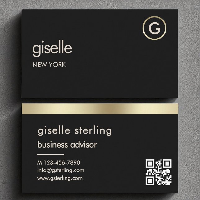 Carte De Visite Noir QR Code Faux Gold Foil Monogramme (Créateur téléchargé)