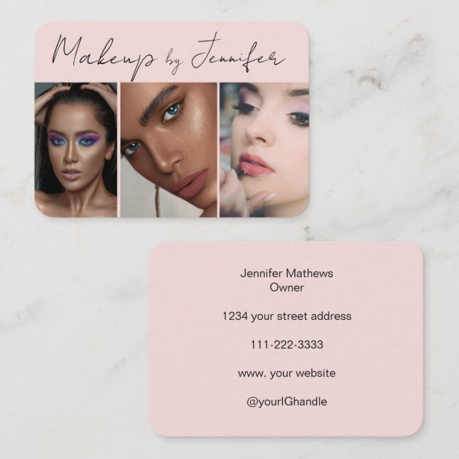 Carte De Visite Noir rose vif Script 3 maquillage photo (Devant / Derrière)
