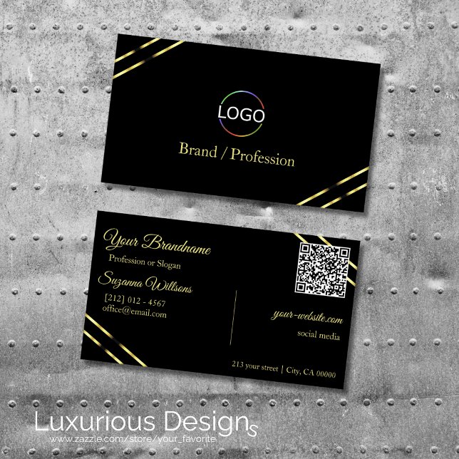 Carte De Visite Noir uni avec logo à lignes dorées et code QR (Créateur téléchargé)