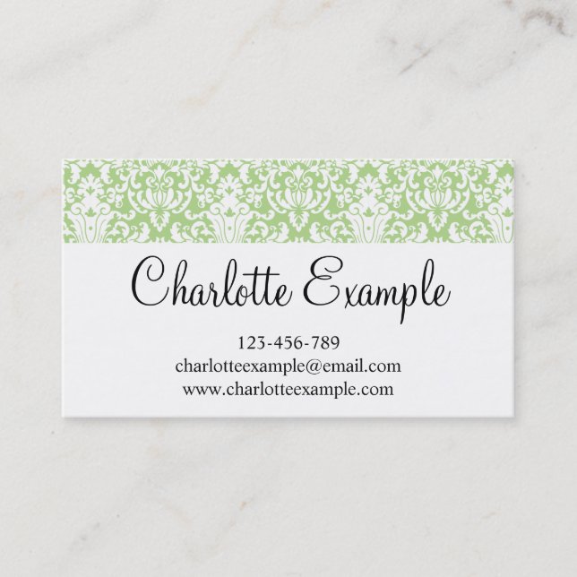 Carte De Visite Noir Vert Blanc Floral Damask Classique (Devant)