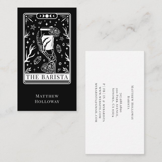 Carte de visite noire Barista Tarot (Devant / Derrière)