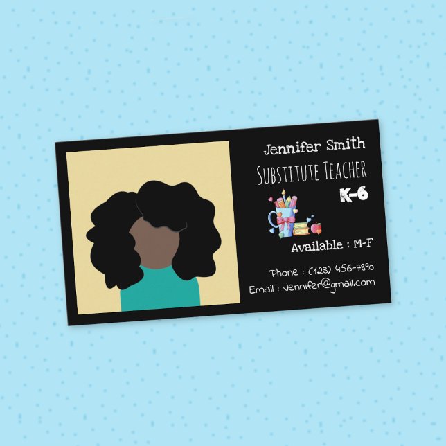 Carte de visite noire de professeur remplaçant ave (Substitute teacher black standard business card with photo . )
