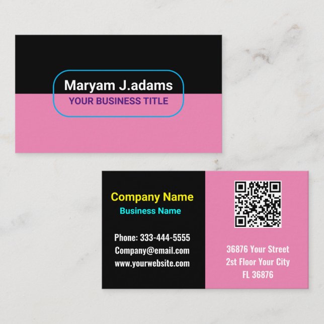 Carte De Visite Nom commercial moderne personnalisé (code QR) noir (Devant / Derrière)