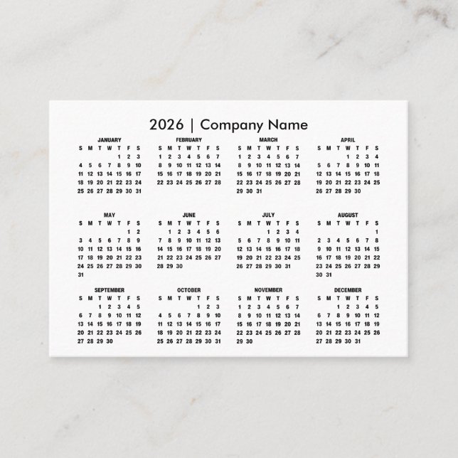 Carte De Visite Nom de la société du calendrier simple 2026 (Devant)