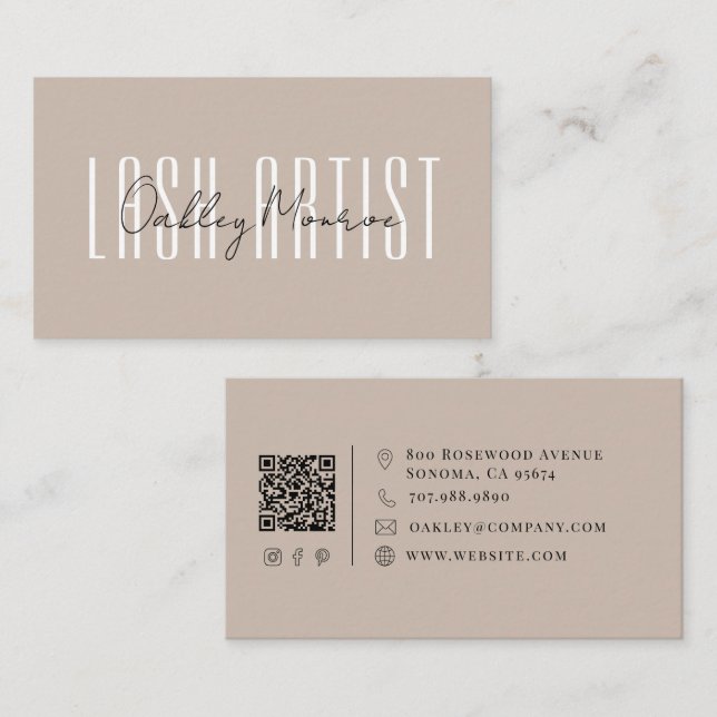 Carte De Visite Nom de l'artiste de cils Script Grège Code QR (Devant / Derrière)