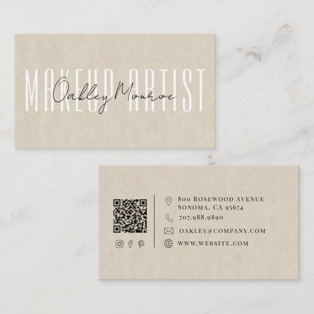 Carte De Visite Nom de l'artiste maquilleur Code QR Tan Script (Devant / Derrière)