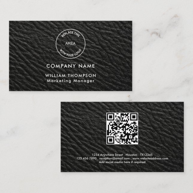 Carte De Visite Nom de l'entreprise Logo QR Code Black Faux cuir (Devant / Derrière)