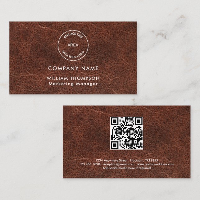 Carte De Visite Nom de l'entreprise Logo QR Code Brown Faux cuir (Devant / Derrière)
