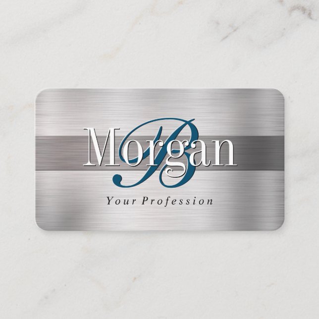 Carte De Visite Nom de monogramme élégant, argent brossé clair et  (Devant)
