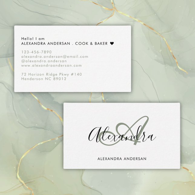 Carte De Visite Nom de monogramme initial en écriture vert sauge (Elegant Monogram Sage Green Black Script Name Business Card)