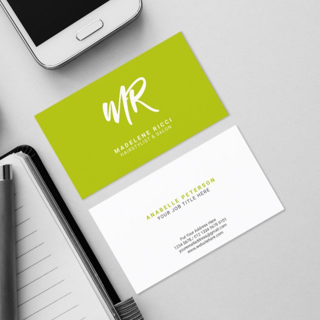 Carte De Visite Nom de script minimal initial | Lime vert (Créateur téléchargé)