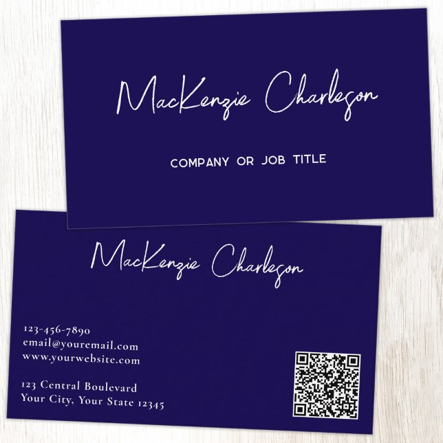 Carte De Visite Nom de script simple et code QR texte Bleu marine (Simple modern script minimalist business card with QR code navy blue)