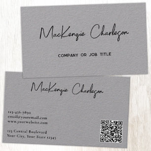 Carte De Visite Nom de script simple et code QR texte gris