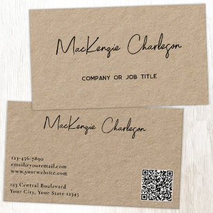 Carte De Visite Nom de script simple et code QR texte Kraft
