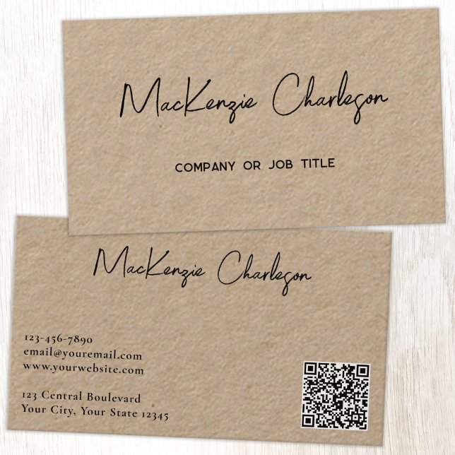 Carte De Visite Nom de script simple et code QR texte Kraft (Simple modern script minimalist business card with QR code)