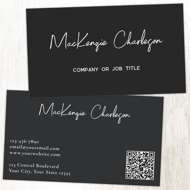 Carte De Visite Nom de script simple et code QR texte Noir (Simple modern script minimalist business card with QR code black)