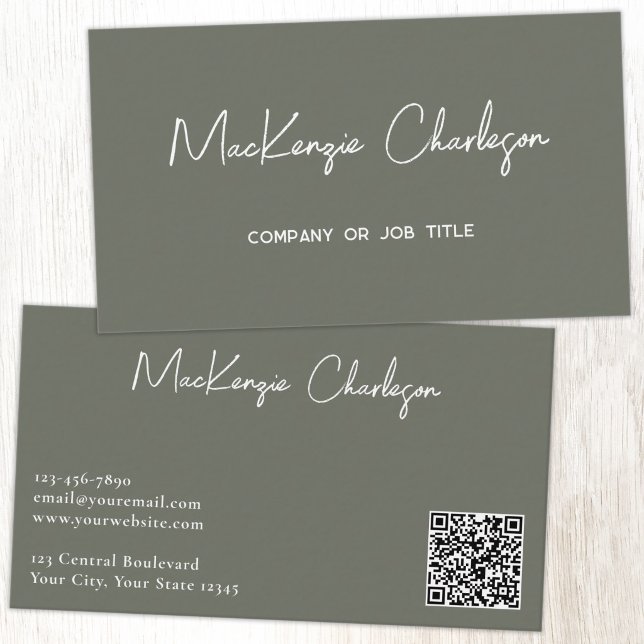 Carte De Visite Nom de script simple et code QR texte Vert sauge (Simple modern script minimalist business card with QR code sage green)