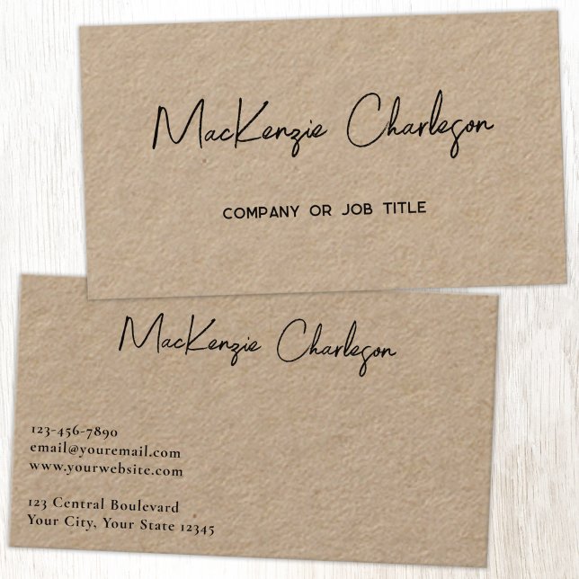 Carte De Visite Nom de script simple Kraft Moderne Professionnel (Simple modern minimalist script professional business card design on Kraft card)