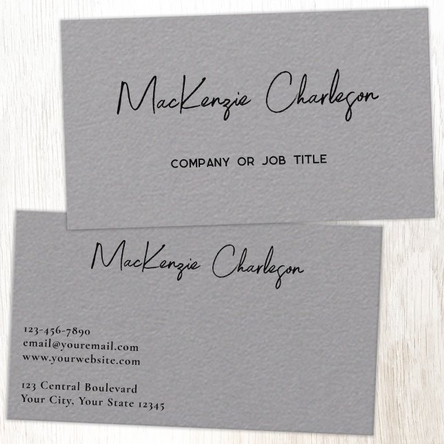 Carte De Visite Nom de script simple Moderne Professionnel Gris (Simple modern minimalist script professional business card design gray)