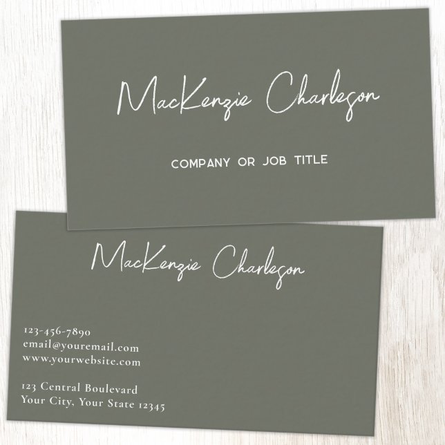 Carte De Visite Nom de script simple Vert sage moderne (Simple modern minimalist script professional business card design sage green)