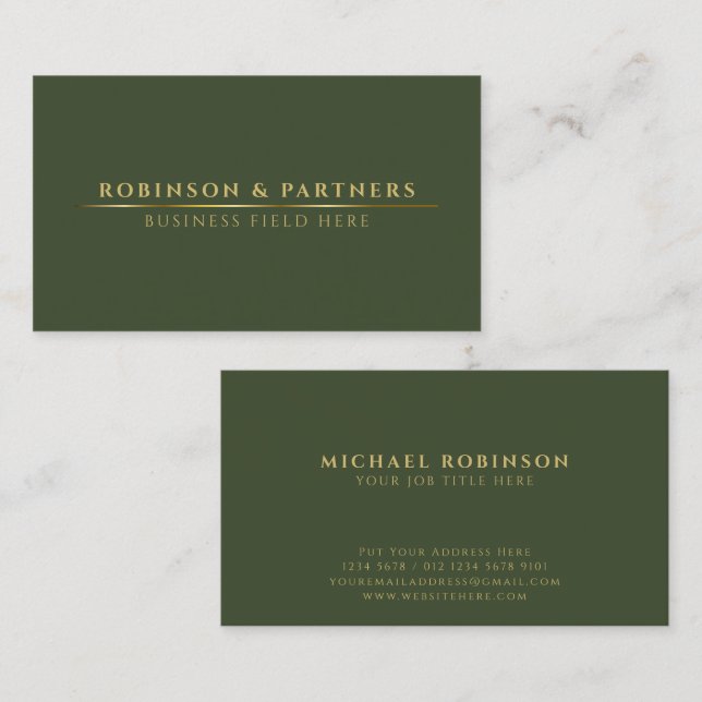 Carte De Visite Nom de société minimal | Gold Line | Vert foncé (Devant / Derrière)