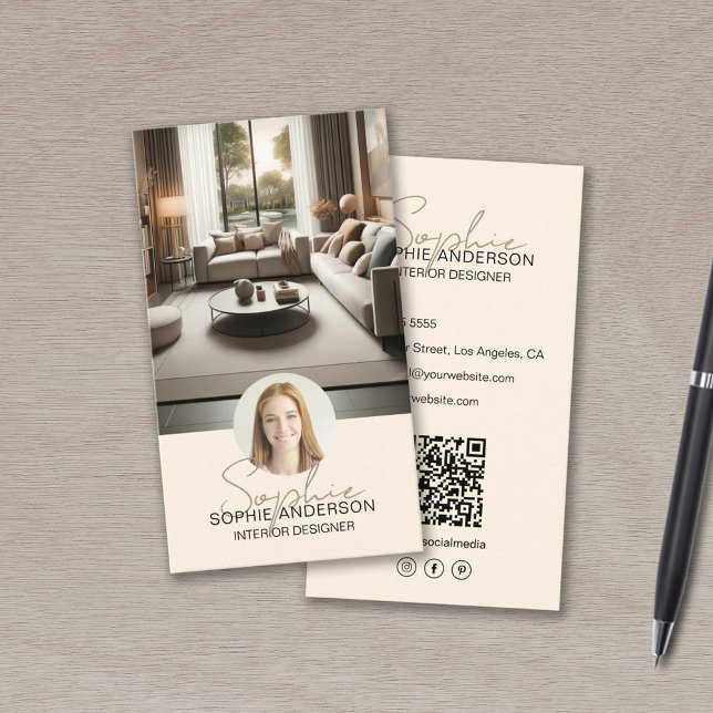 Carte De Visite Nom du script du concepteur d'intérieur Photo QR C (Interior Designer Script Name Photo QR Cream Business Card)