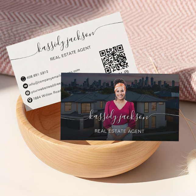 Carte De Visite Nom du script Photo d'agent immobilier professionn (Script Name Professional Real Estate Agent Photo Business Card)