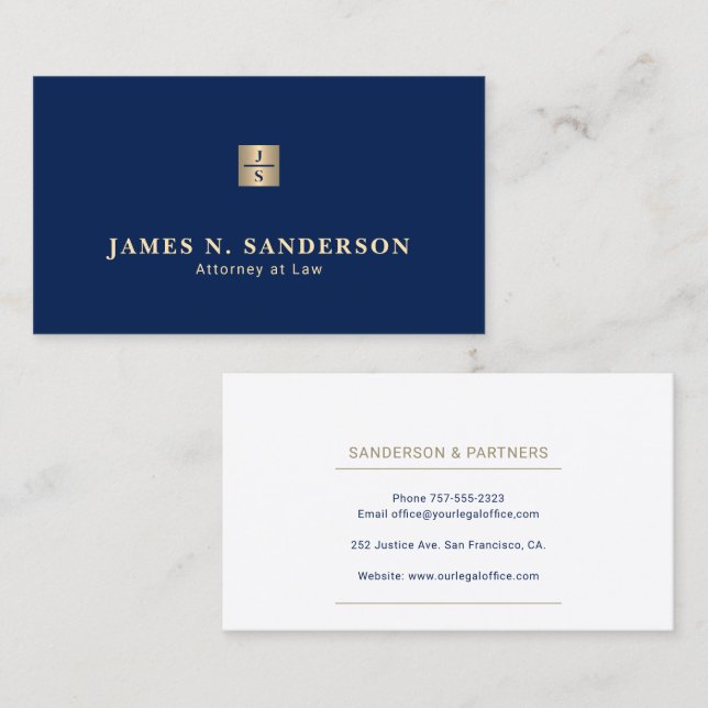 Carte De Visite Nom élégant monogrammé luxe bleu or avocat (Devant / Derrière)