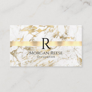 Carte De Visite Nom et monogramme, code QR, Marbre blanc et or
