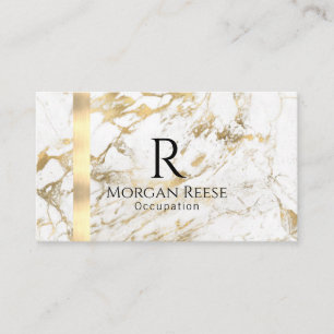 Carte De Visite Nom et monogramme, code QR, marbre blanc et or Vs