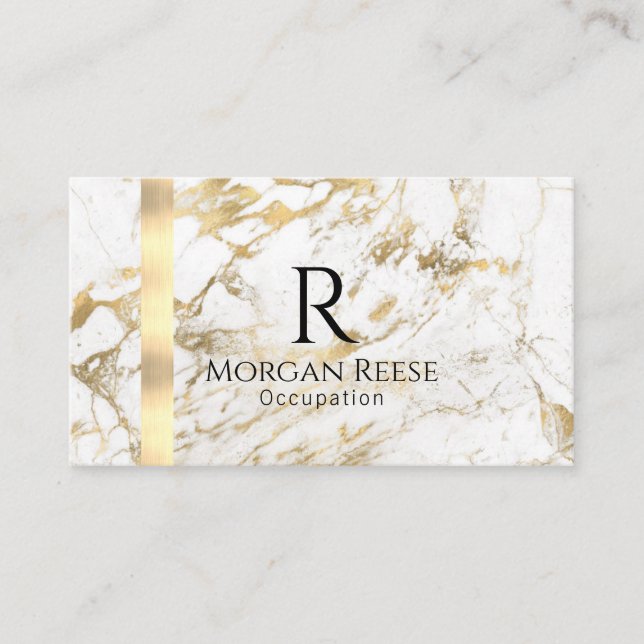 Carte De Visite Nom et monogramme, code QR, marbre blanc et or Vs  (Devant)