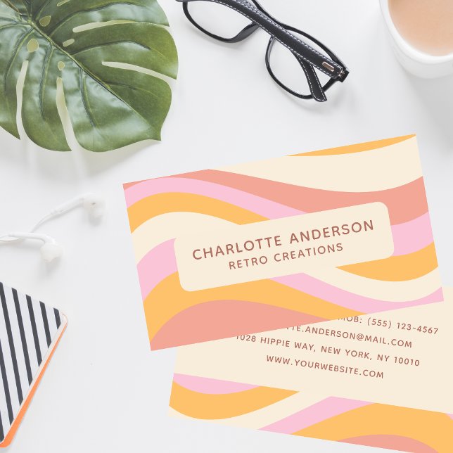 Carte De Visite Nom Féminin Vague Rose Orange Rétro (Créateur téléchargé)