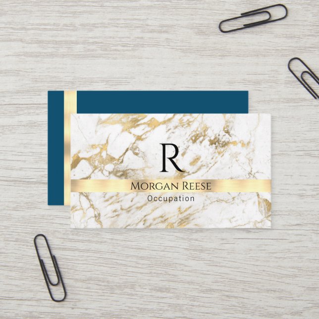 Carte De Visite Nom & Monogramme, Code QR, Marbre Blanc & Or Vs 5 (Devant/Arrière en situation)