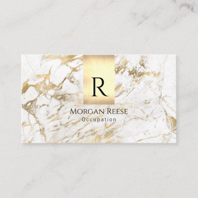 Carte De Visite Nom & Monogramme, Code QR, Marbre Blanc & Or Vs 5 (Devant)