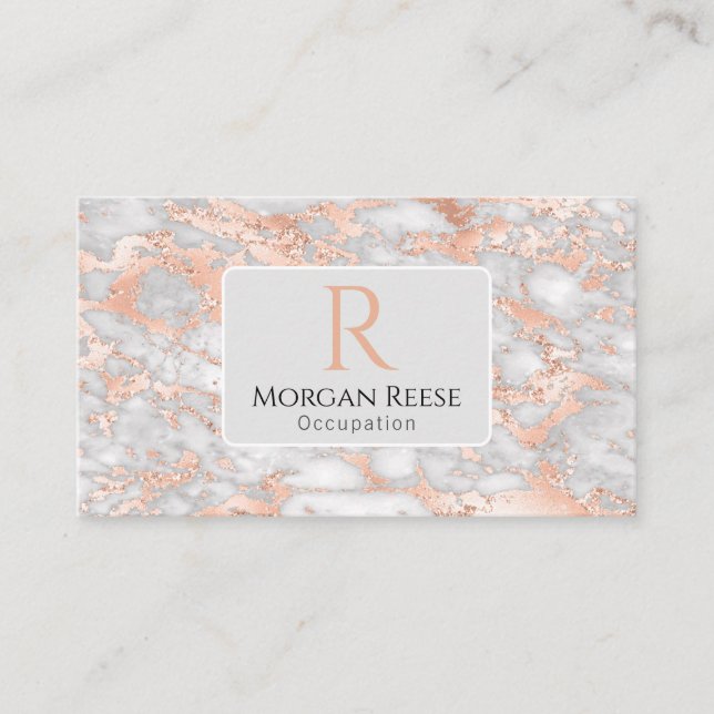 Carte De Visite Nom & Monogramme, Code QR, Marbre Gris & Or Rose  (Devant)