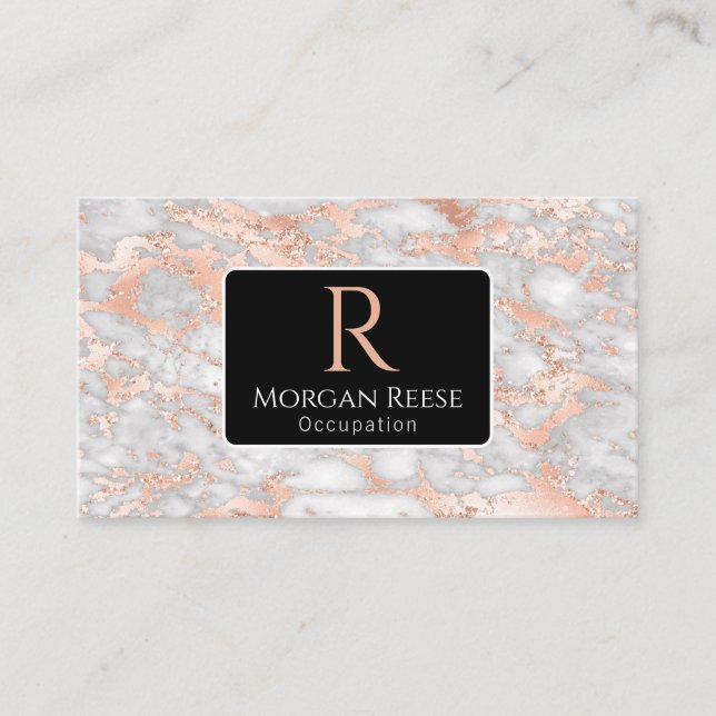 Carte De Visite Nom/Monogramme, Code QR, Marbre Gris/Or Rose, Vs3 (Devant)