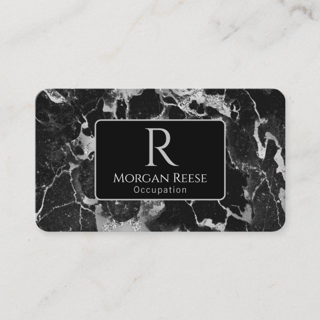 Carte De Visite Nom/Monogramme, Code QR, Marbre noir/gris Vs2 (Devant)