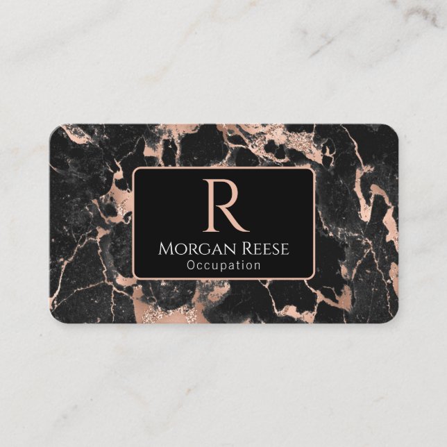 Carte De Visite Nom/Monogramme, Code QR, Marbre Noir/Rose Gold Vs2 (Devant)