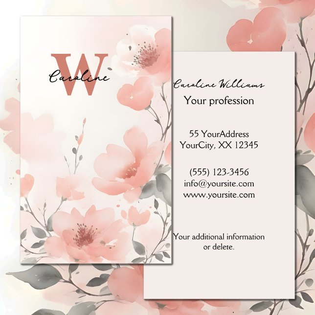 Carte De Visite Nom monogramme floral aquarelle teinte pêche (Créateur téléchargé)