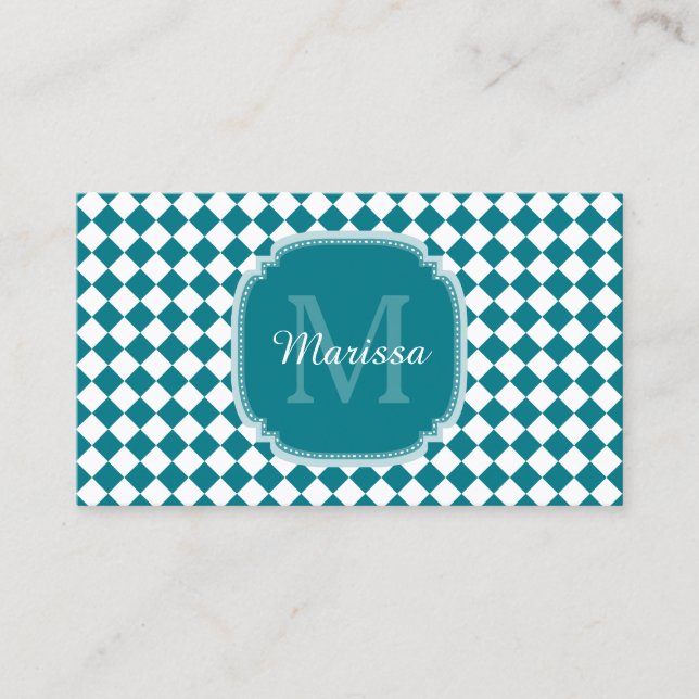 Carte De Visite Nom Monogrammé Turquoise et blanc tendance (Devant)