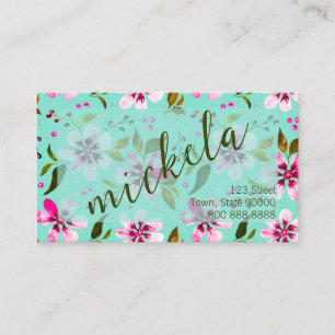 Carte De Visite Nom personnalisé Aquarelle florale aqua et rose
