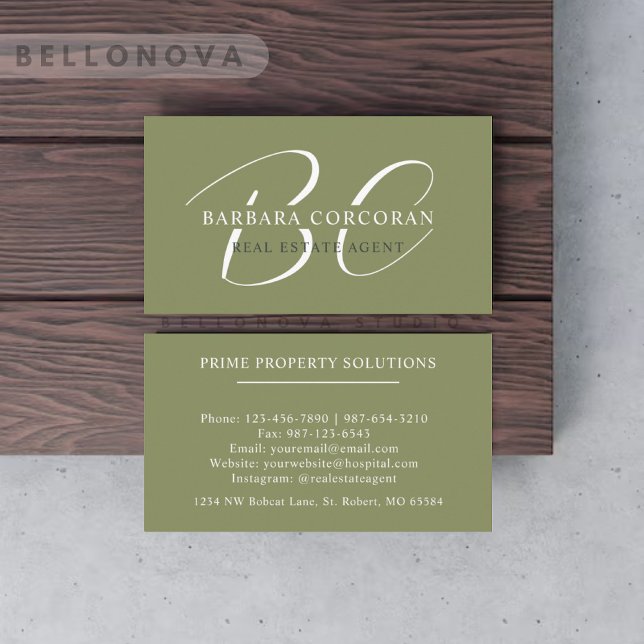 Carte De Visite Nom personnalisé Moss Sage Olive Green Monogramme  (Custom Name Moss Sage Olive Green White Monogram Business Card)