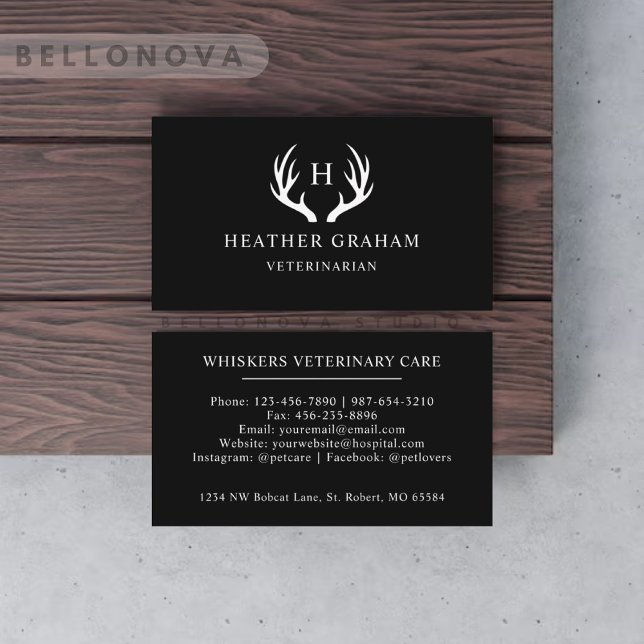 Carte De Visite Nom Personnalisé Noir Et Blanc Cerf Antler Monogra (Custom Name Black And White Deer Antler Monogram Business Card)